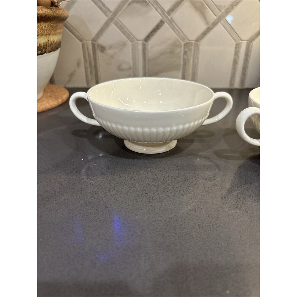 Six WEDGWOOD ETRURIA BARLASTON IVORY EDME Footed Cream Soup Bowls Black Stamp